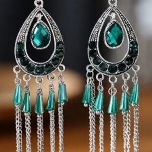 Silver and Green Teardrop Chandelier Earrings